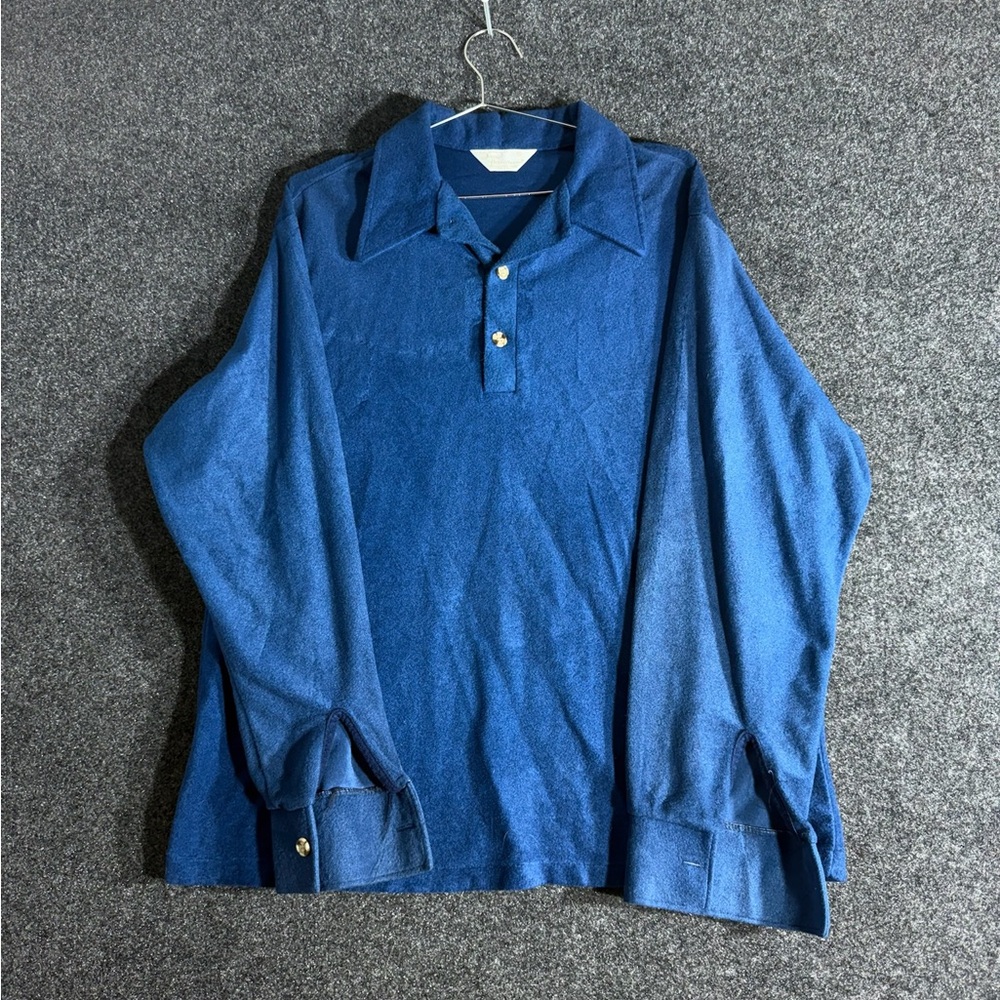 David Homser Blue Velour Long Sleeve Polo Shirt Men’s XL 70s Retro Style